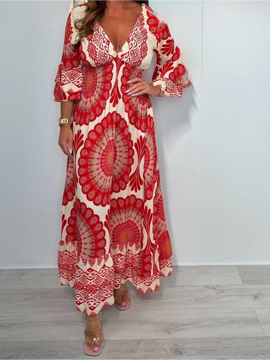 Dresses & Skirts - Red and White Patterned V-Neck Women's Dress